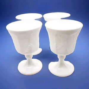 4 Indiana Glass Harvest Grape Pattern Colony Milk Glass Stemmed Goblet Set